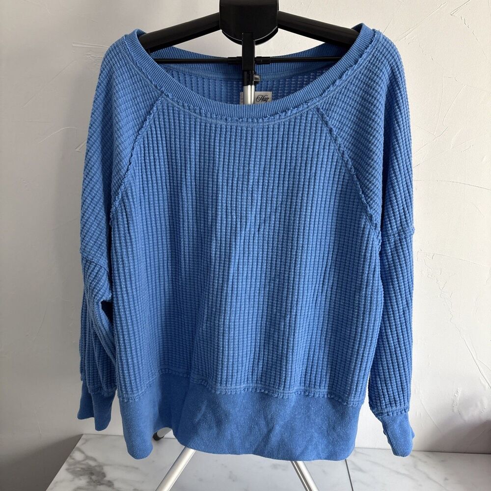 American Eagle AE Big Hug Waffle Knit Pullover Sweater Scoop Neck Blue Medium